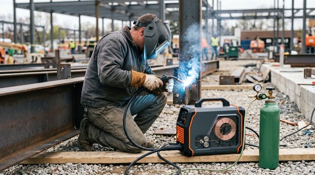 Portable MIG welding machine in use onsite emphasizing lightweight construction flexible wire feed system and streamlined gas regulator for easy transport and field repairs.