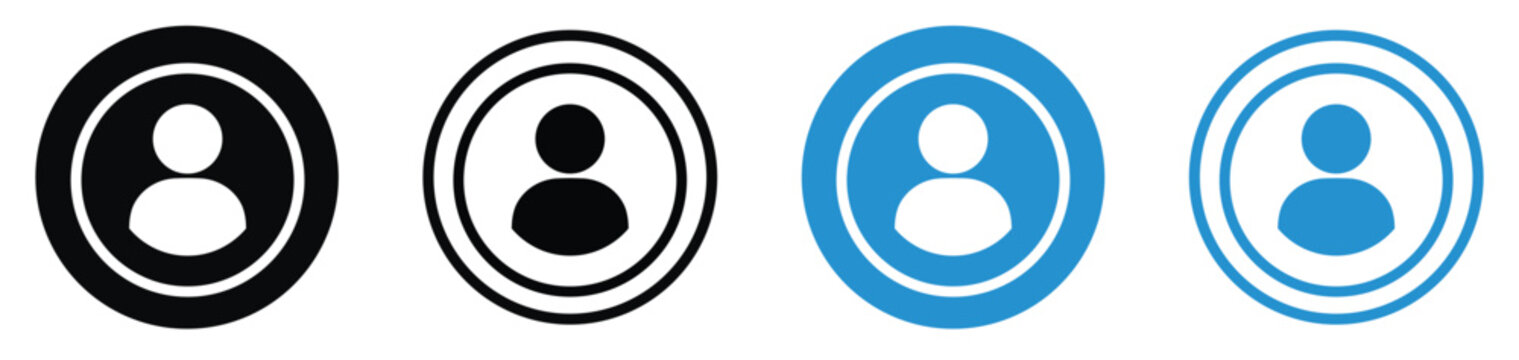Set of minimalist user profile and member account icons. Includes solid and outline designs in black and blue circular frames. Perfect for UI/UX web and app design.