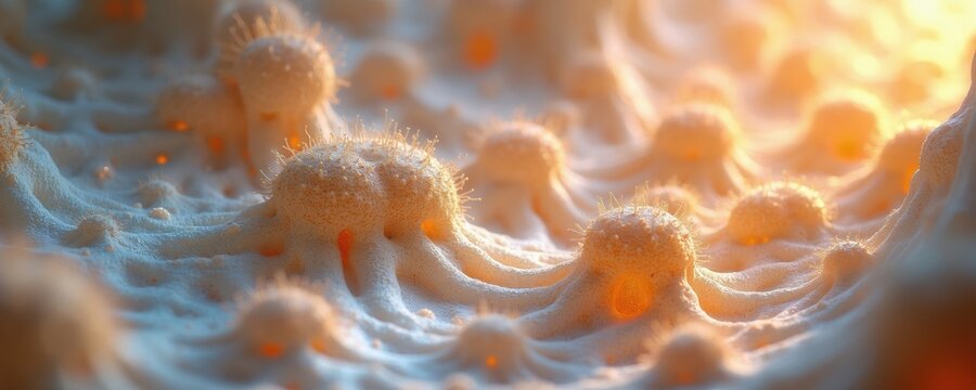 Microscopic view of bone tissue cells, osteocytes in lacunae, with detailed cellular connections and pathways. Shows internal bone structure and cellular network.