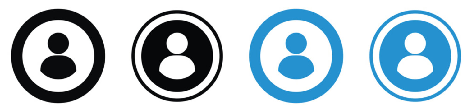 Set of minimalist user profile and member account icons. Includes solid and outline designs in black and blue circular frames. Perfect for UI/UX web and app design.