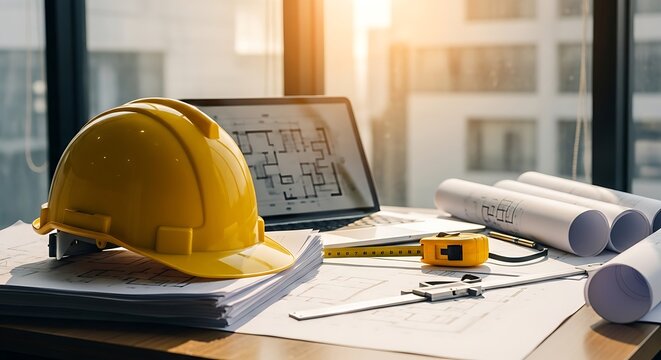 Yellow hard hat and rolled blueprints sit on a desk in golden hour light. A laptop shows a modern floor plan with sharp focus. Ideal for engineering and real estate development marketing.