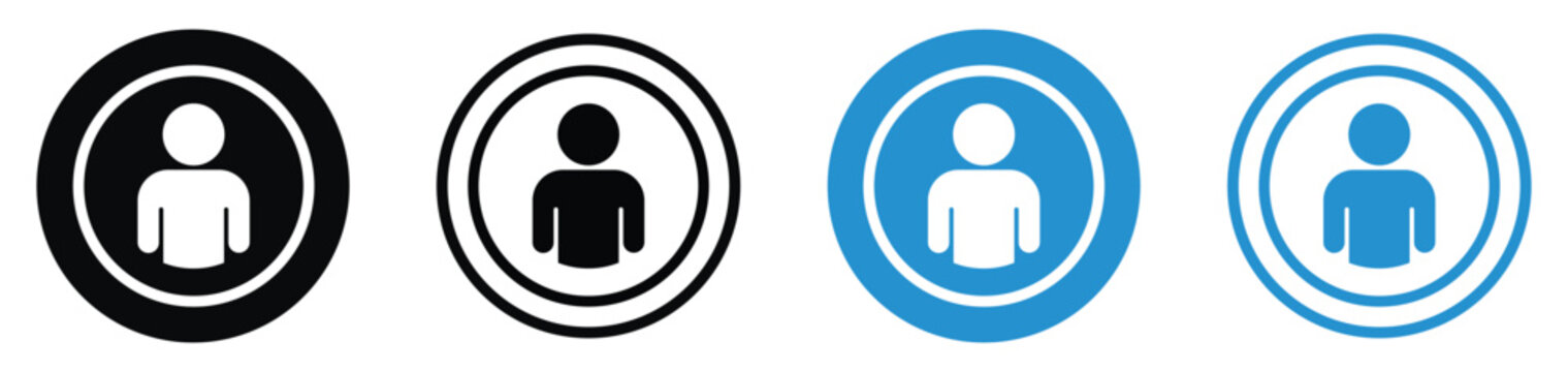 Set of minimalist user profile and member account icons. Includes solid and outline designs in black and blue circular frames. Perfect for UI/UX web and app design.