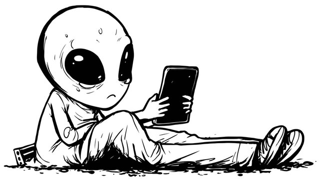 Cartoon alien character reading tablet device isolated on white background
