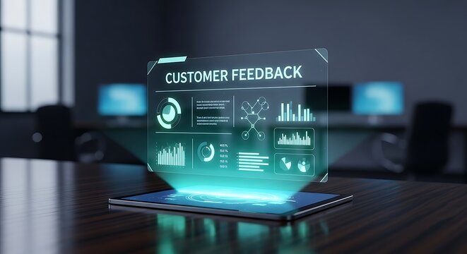Customer feedback dashboard projected as a holographic interface on a sleek tablet in a dark office. Glowing teal light creates a futuristic mood for high-tech commercial advertising.