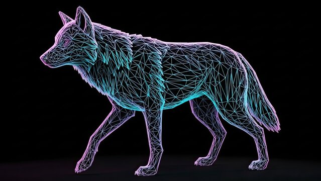 Luminous low poly wolf illustration against a dark background with neon colors for design projects