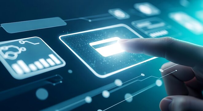 Digital payment interface glowing on a virtual screen as a finger initiates a transaction. Sharp focus captures the light emission and data charts. Ideal for banking sector marketing.
