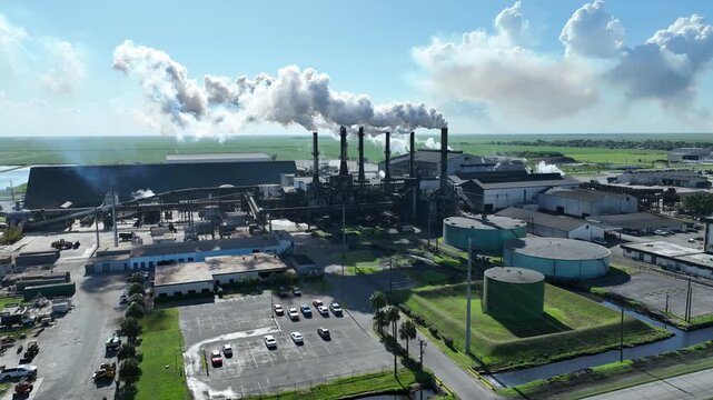 Aerial view of an industrial sugar mill facility with smoking chimneys and storage tanks under a cloudy sky in Belle Glade, Florida, United States.