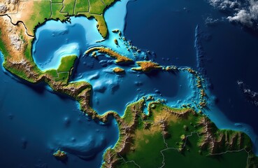 Fototapeta premium 3D satellite map shows Central America and Caribbean islands. Topography details landforms, mountains, and ocean depths. Vibrant colors depict geographical features and water bodies.