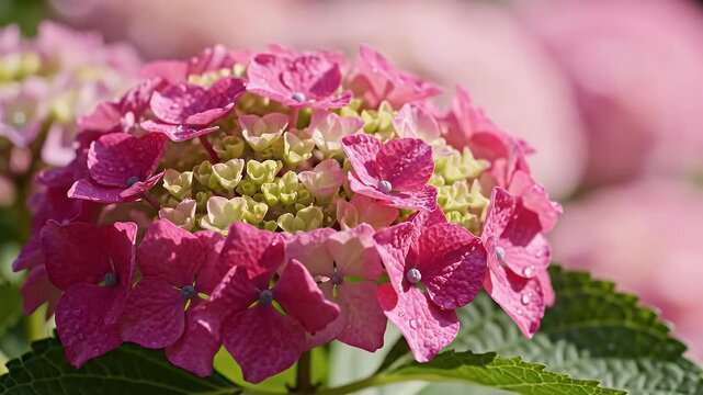 Vibrant pink hydrangea blossoms in a lush green garden setting with soft focus background