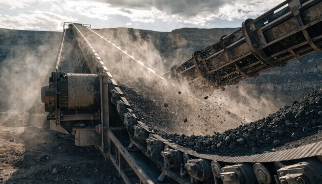 Medium shot of a heavyduty conveyor line integrating drives and roller assemblies tailored for mining operations emphasizing rugged construction and durability in a dusty