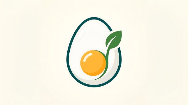 A minimalist vector logo design of a sliced boiled egg with a vibrant orange yolk transforming into a growing green plant sprout with a leaf,