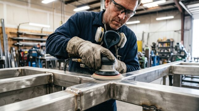 Closeup medium shot of artisan polishing sanitary weld seams on a stainless steel frame highlighting smooth orbital finishing process under bright workshop lighting.