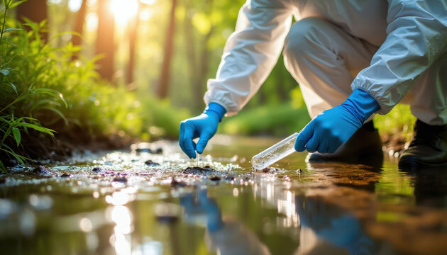 Scientist in protective suit collects water sample from stream in forest. Person uses test tube for research on nature. Sunlight filters through green trees. Focused on environmental analysis.