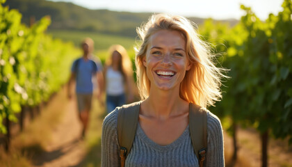 Obraz premium Smiling woman walks through sunlit vineyard with friends. People hike outdoors on summer vacation. Couple enjoys winery trip exploring nature. Happy travelers have fun.