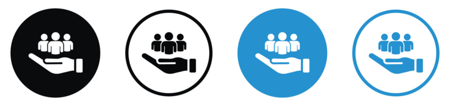 Flat vector illustration of a hand holding three people avatars. Conceptual icon for human resources, employee care, customer support, and leadership protection.