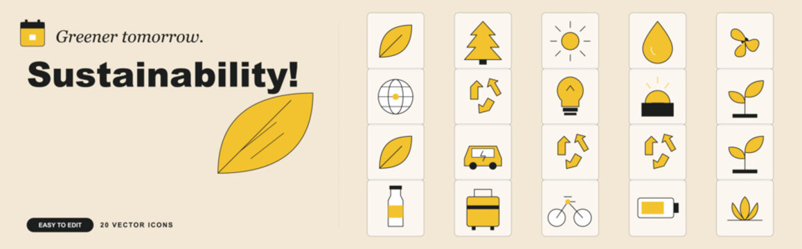 Sustainability icon set for greener tomorrow, eco friendly vector elements in yellow and black, 20 environmental conservation icons for corporate social responsibility