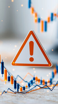 Financial Warning: The image features a bright orange attention-grabbing triangle exclamatory sign against a background of stock market price data.