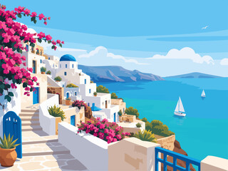 Obraz premium White cliffside island village landscape with blue sea bougainvillea terrace sailboat and sunny Mediterranean travel illustration