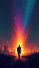 Fototapeta premium Man with cane walks toward bright orange light and colorful rays. Silhouette figure on path with city skyline. Hopeful journey to future success and goals.