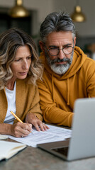 Obraz na płótnie Canvas Financial Focus: A mature couple engages in a financial discussion, their attention fixed on a laptop screen while working with paperwork. A scene reflecting responsibility, diligence.