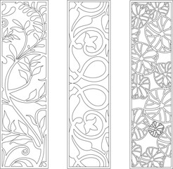 Three vertical decorative panels. Left: climbing vines. Middle: swirling abstract leaves. Right: stylized floral circles. Monochrome line art. © Riki
