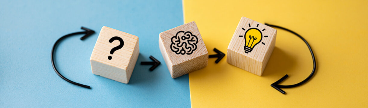 Conceptual Thinking: A visual narrative of an idea's evolution, from initial questions to creative illumination. Illustrating the dynamic process of thought.