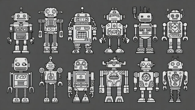 A grayscale collection of vintage robot illustrations, showcasing various retro mechanical designs and futuristic aesthetics from an earlier era