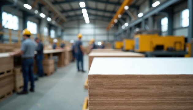 Workers in yellow hard hats operate machinery in a large factory, stacking raw plywood sheets. Industrial production of wood materials for construction and furniture building.