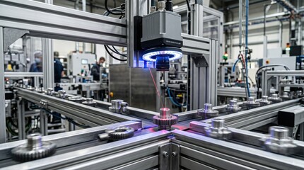 Fototapeta premium Automated camera system performing precise dimensional checks on rapidly moving machine parts ensuring exact measurements and quality in a highspeed production line environment.