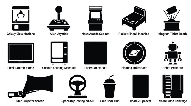 Collection of retro and modern arcade game icons and entertainment items.