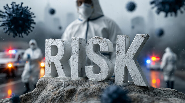 Risk Alert: Amidst an environment of biohazard and uncertainty, a stark RISK alert underscores the perilous situation. Specialists clad in protective gear navigate a landscape fraught with danger.