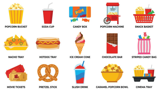 Collection of movie theater snacks and treats, including popcorn, soda, candy, and hot dogs.