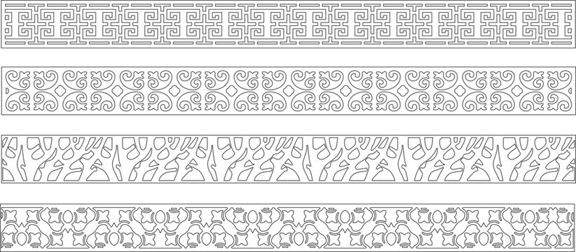 Technical line art illustration featuring four horizontal decorative border patterns with geometric fretwork, floral scrolls, and organic motifs