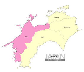 Obraz premium [日本地図] 四国の愛媛県の県名入り位置地図 (英語)