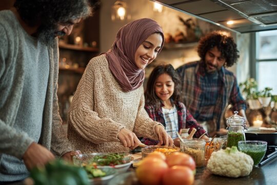 Muslim Family Preparing Breakfast Together in Kitchen