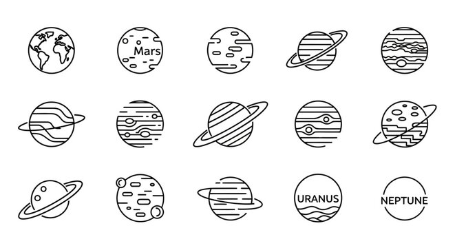 Black and white planetary icons set isolated on white background