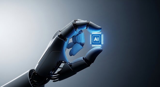 Robotic hand carefully holding a luminous AI microchip against a dark background. Features sharp metallic textures and cyan glowing highlights. Ideal for artificial intelligence marketing.