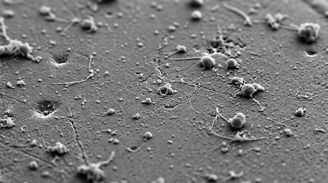 Detailed medium shot resembling scanning electron microscopy illustrating highresolution surface morphology of a platter capturing fine particulate debris and microdefects with