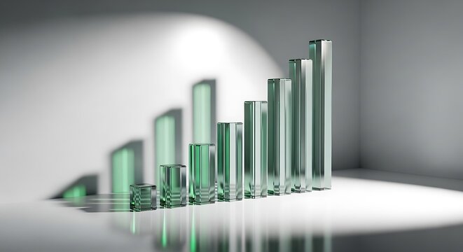 Green glass pillars arranged as an ascending bar chart on a reflective white surface with cinematic lighting and soft bokeh. Ideal for professional corporate financial reports.