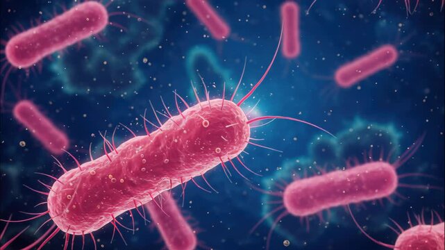 Microscopic Wonders: An eye-level, magnified view into a sea of bacteria showcasing intricate cellular structures with flagella against a textured blue backdrop, it's a window into an unseen world