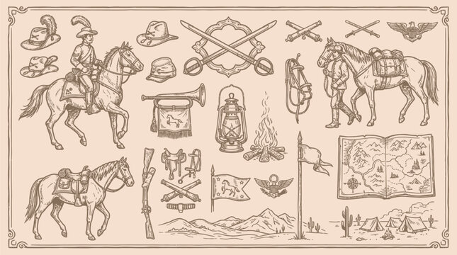 Vintage illustration of historical military and exploration elements, including soldiers, horses, weapons, and maps.