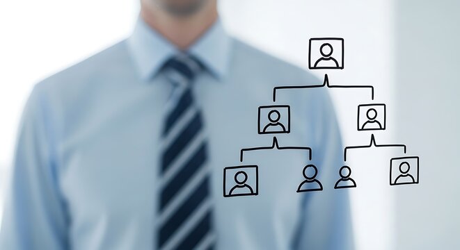 Organizational chart displaying team structure over a professional executive in a bright office with shallow depth of field. Ideal for corporate management presentations.