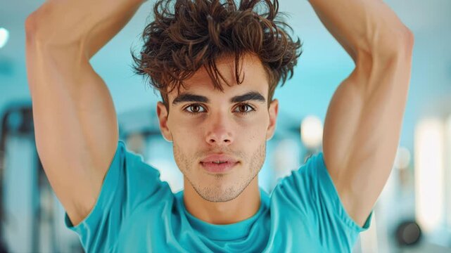 The Peak of Fitness: A muscular man with a determined gaze epitomizes physical prowess, his chiseled physique and intense focus showcasing the dedication to fitness.