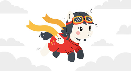 Naklejka premium Skyward Pony Hero Flying Through Clouds with Pilot Gear