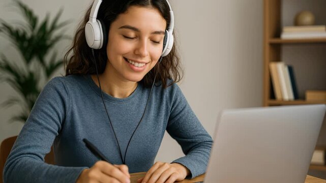 Immersed in Learning: A young woman, engrossed in her studies at home, listens intently through her headphones while jotting down notes on paper.