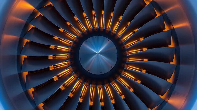 Close up view of a jet engine turbine showcasing complex metal fan blades illuminated by warm amber lights creating a futuristic design for modern aerospace and aviation technology concepts