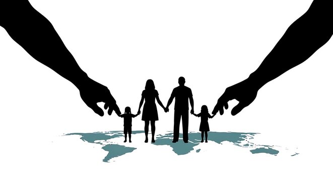 Family silhouette stands on a world map while giant protective hands frame them against a clean white background. Symbolizes global unity and safety for non-profit marketing.