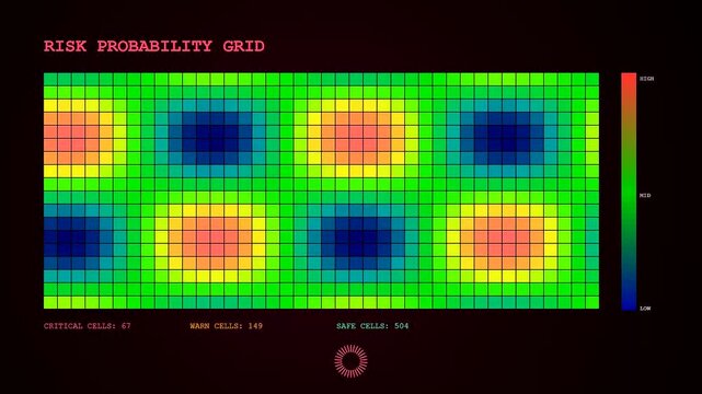This futuristic predictive analytics graph displays shifting risk probability patterns across a dark digital interface using vibrant color gradients for cybersecurity monitoring