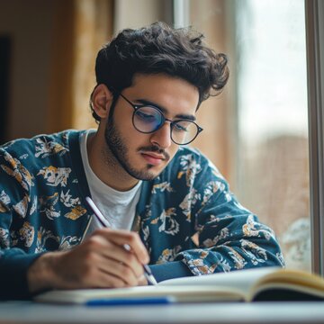 Young student writing notes in a notebook wearing glasses