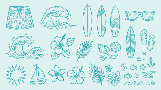 Collection of hand-drawn summer beach icons including surfboards, waves, sunglasses, and tropical flowers.